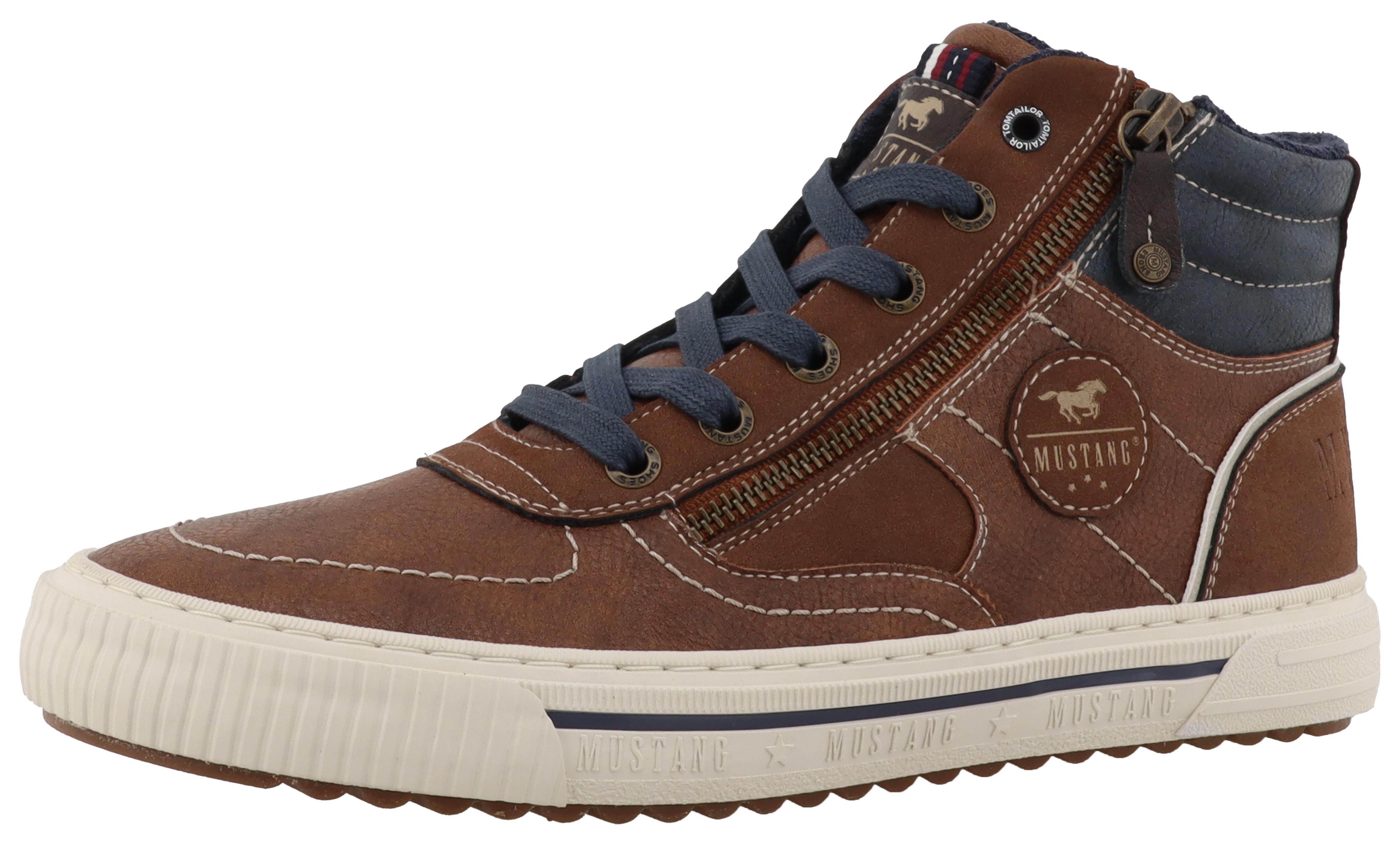 Sneaker MUSTANG SHOES "Masha", Damen, Gr. 45, braun, Lederimitat, Basic, Schuhe Sneaker, High Top Sneaker, Schnürboots mit Reißverschluss