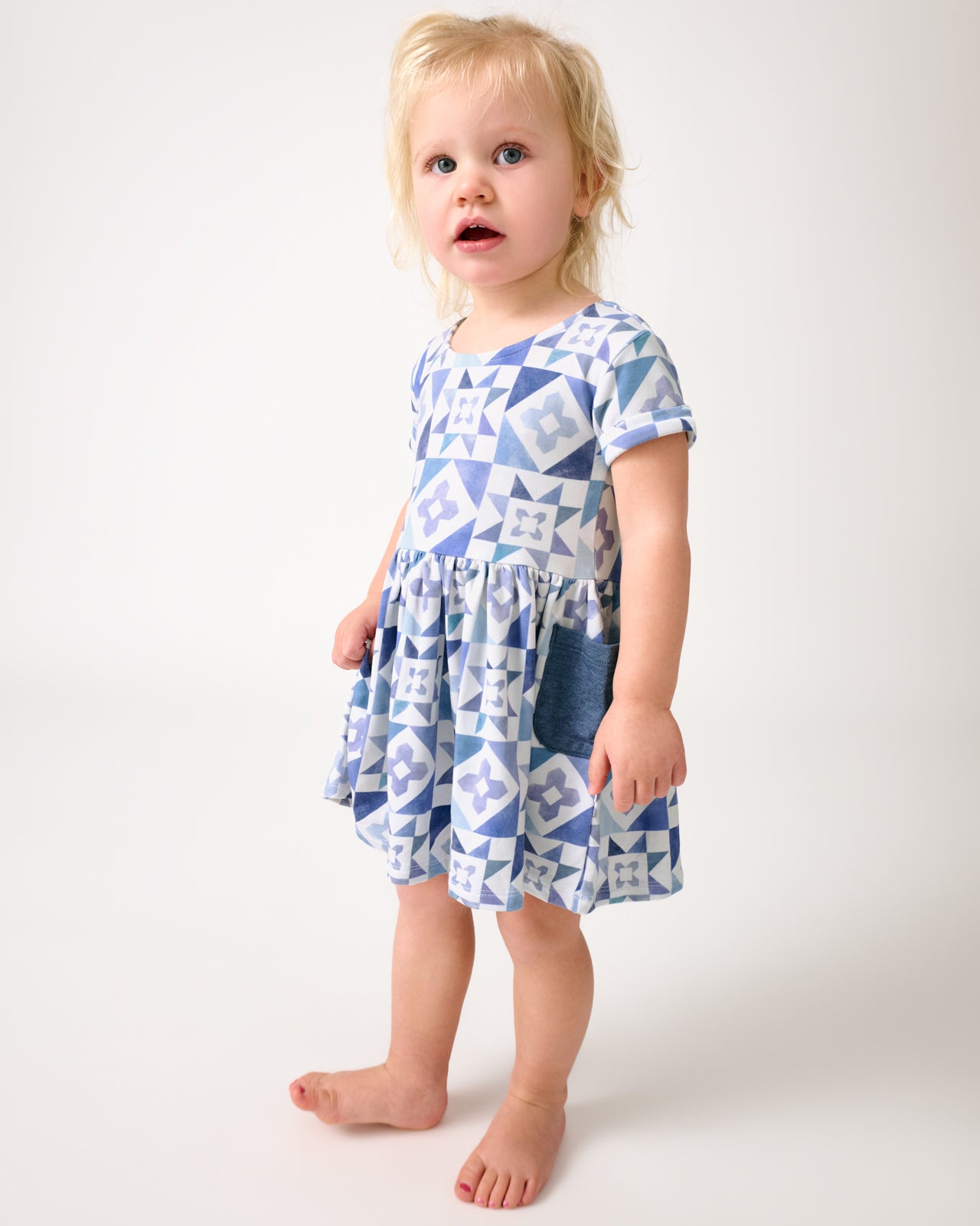 Patchwork Indigo Patch Pocket Dress with Bloomer - 3-6 months