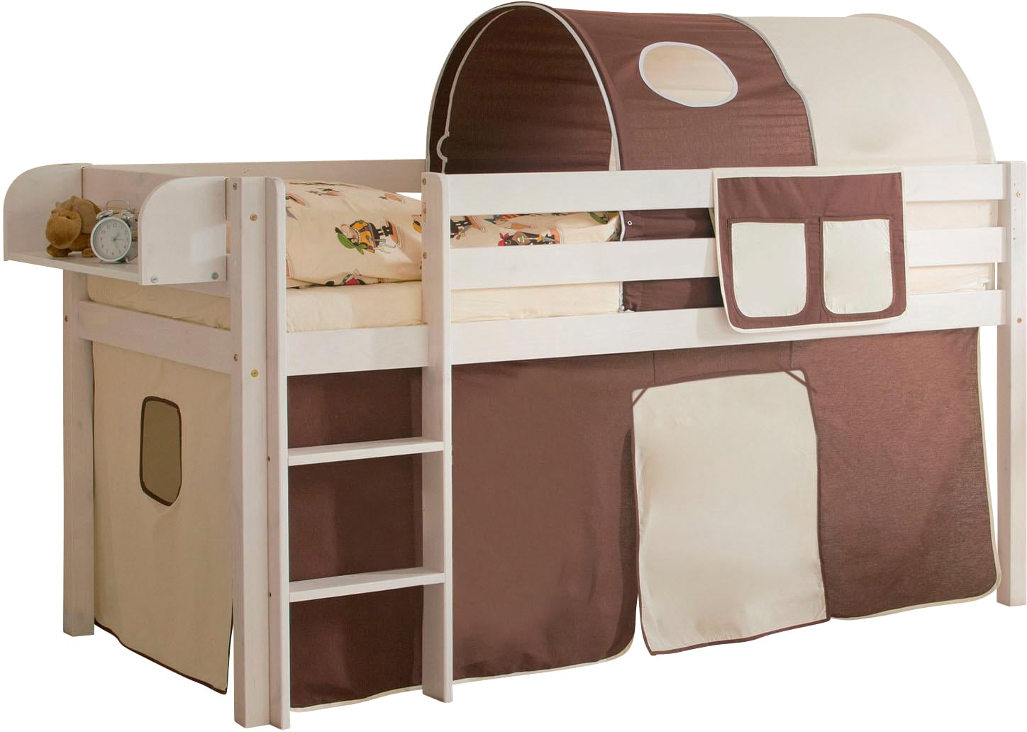 Hochbett TICAA "Malte", braun (kiefer massiv weiß, braun, beige), B:101cm H:114cm L:205cm, Hochbetten, Hochbett, mit Rollrost und in verschiedenen Ausführungen wahlweise mit Matratze