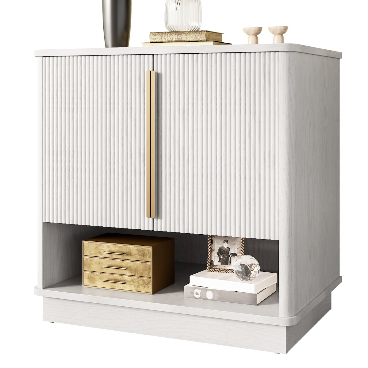 STILVORA Schuhschrank 60x40x61 cm Weiß+Holzoptik mit 2 Türen offenem Fach, verstellbaren Einlegeböden, MDF Korpus, goldfarbenen Griffen Image