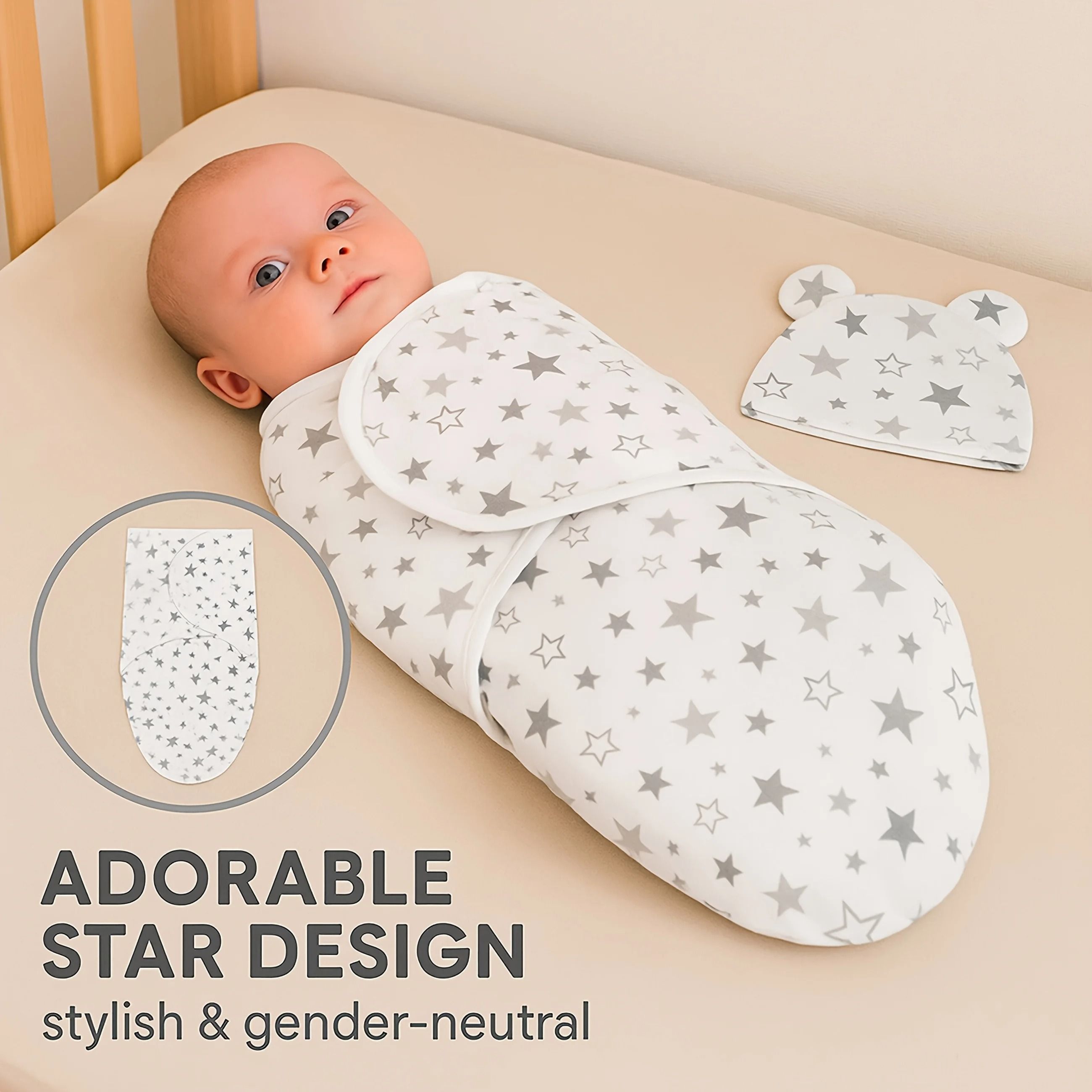 1pc Baby Swaddle Set With Hat Ultra Soft Gray Star, Cloud & Moon Patterns white