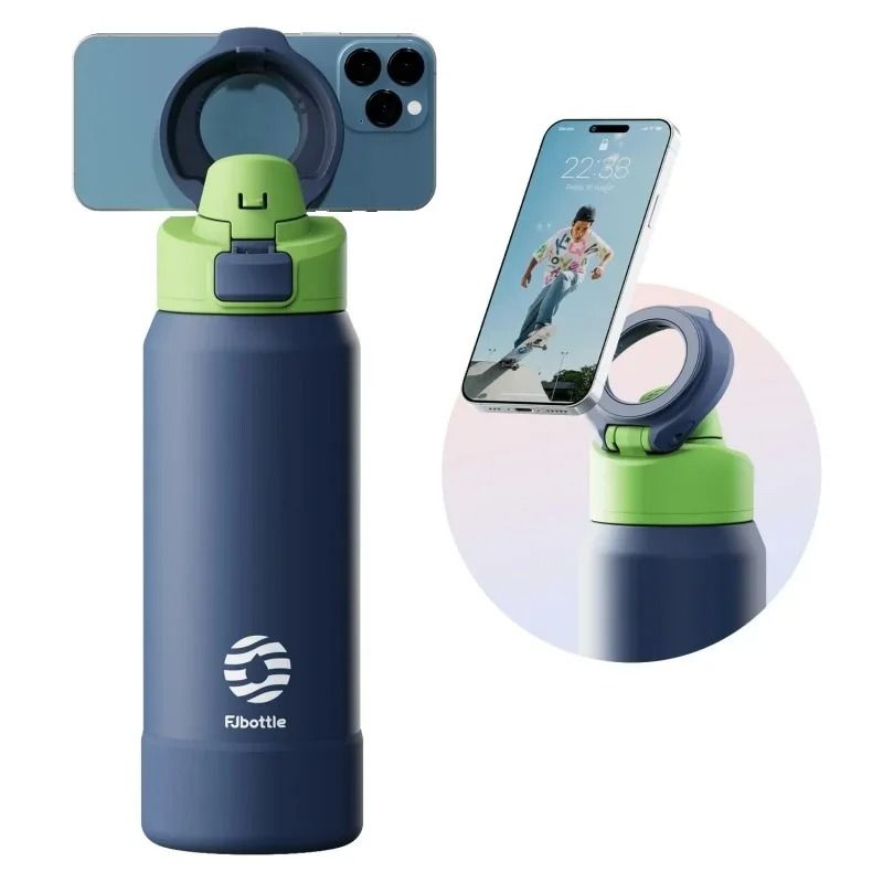 FEIJIAN Stainless Steel Sports Water Bottle Magnetic Phone Holder & Bouncing Cover Thermos sky blue 950 Ml