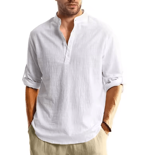 Mens Long Sleeve Henley Shirt Lightweight Cotton Button Tee For Business And Streetwear white xxxl