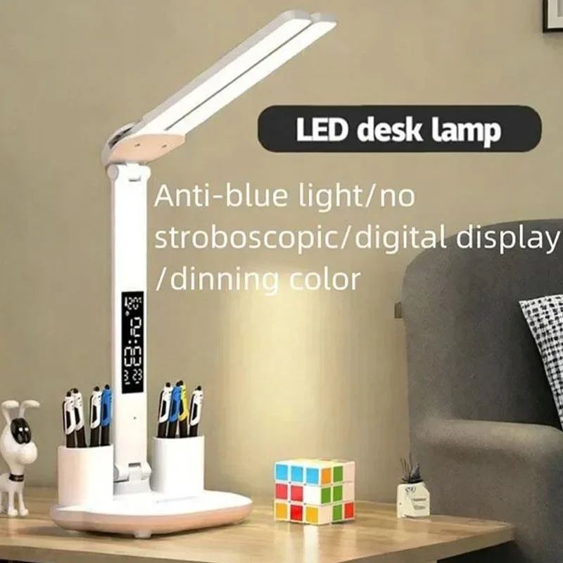 LED Desk Lamp With Clock Calendar Temperature, USB Touch Dimmable Foldable Table Light Night Lamp For Study Reading no Screen White no Battery