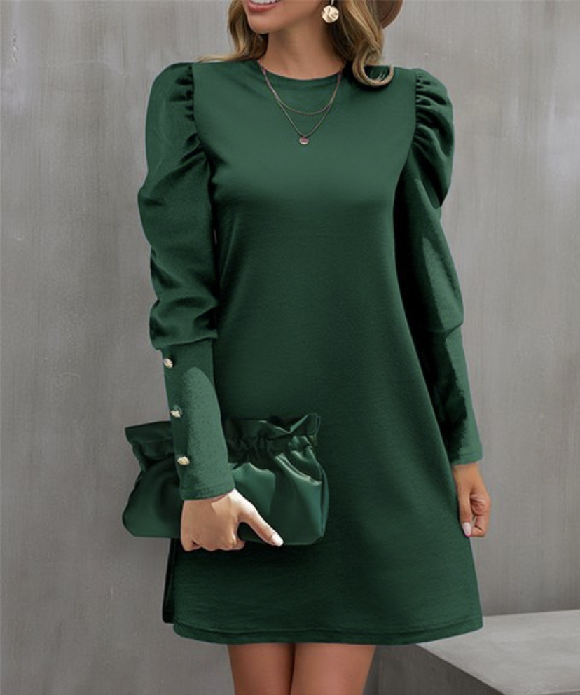 Spring And Autumn Round Neck Bubble Sleeve Dress, Button Decorative Long Sleeve Dress For Women Elegant Daily Wear green l