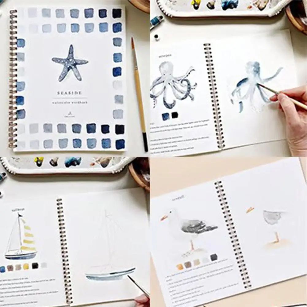 Watercolor Workbook Practice Book W Palette 9 Bouquet Themes For Kids & Adults, Easy Painting Lessons, Relaxing Art ocean