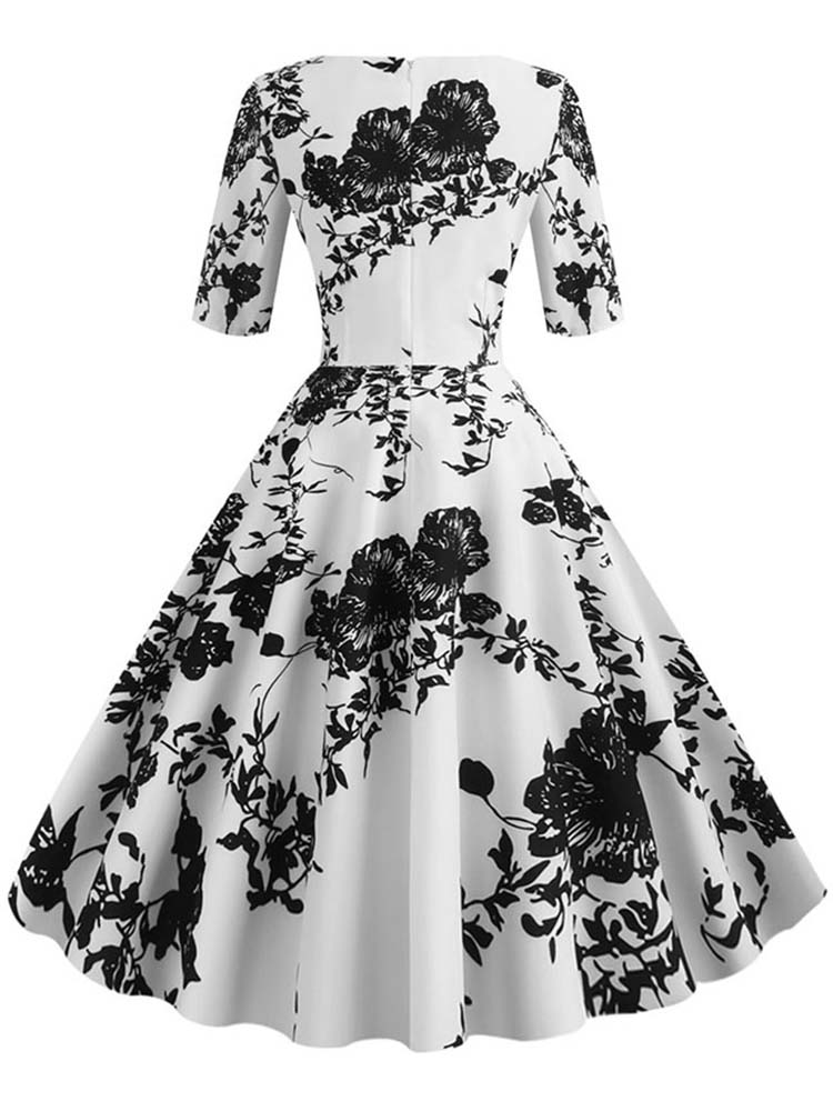 Half Sleeve Black Summer Women Dress, Floral Print Vintage Party Dresses, Casual Retro A Line Vestidos 005 xl