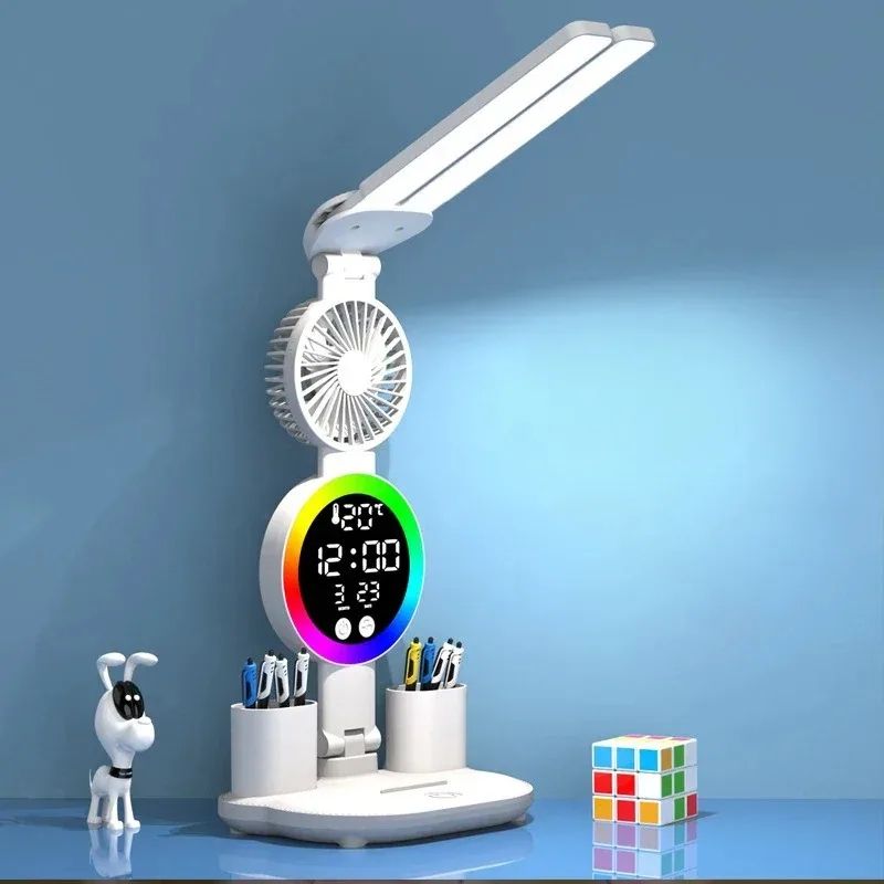 LED Desk Lamp With Fan & Clock Display, Adjustable Brightness Reading Light For Study, Night Light For Bedroom a Charging Model