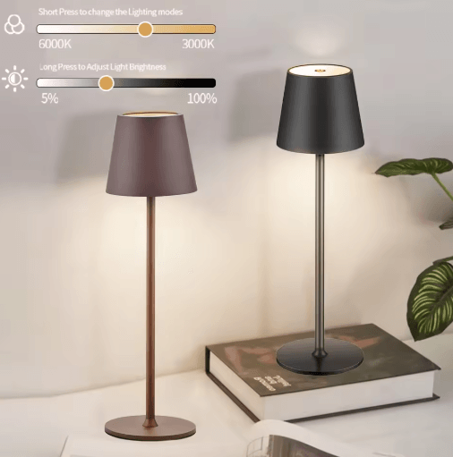 LED Cordless Table Lamp Portable Rechargeable Night Light With 3 Color Stepless Dimming high Version Brown