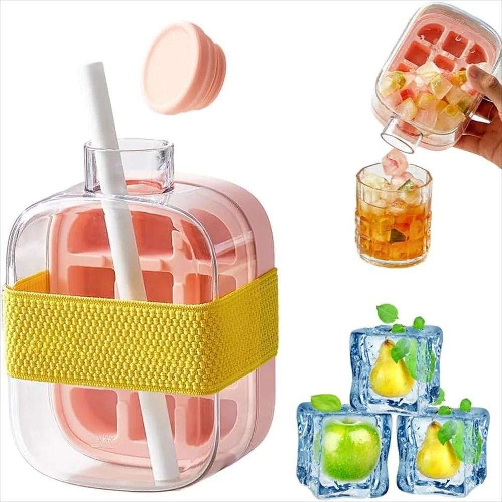 2 in 1 Press Ice Cube Mold & Portable Water Bottle Leak Proof Ice Cube Tray With Bin 800 Ml Pink
