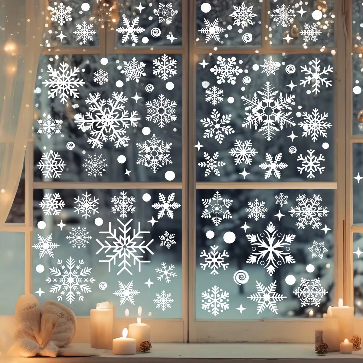 137pcs Christmas Window Clings Snowflake And Window Flower PVC Static Stickers For Glass, Reusable Winter Decor Set center Santa