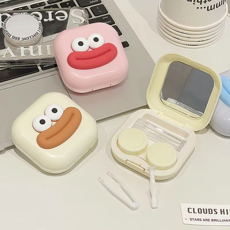 Portable Cute Sausage Style Contact Lens Case With Tweezer And Suction Stick Set pink