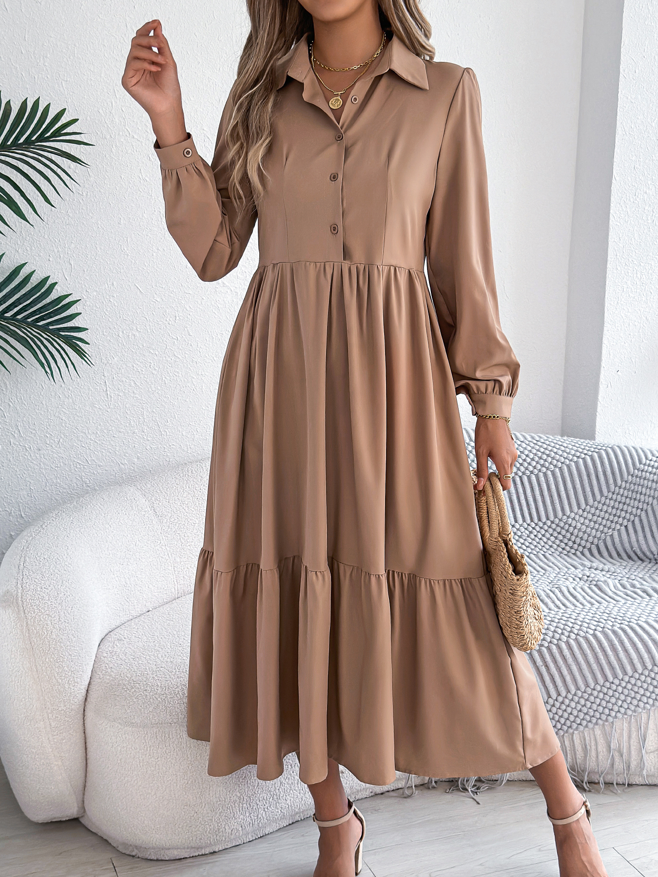 Spring And Autumn Casual Vacation Long Sleeved Turn down Collar Single Breasted Dress For Women khaki l