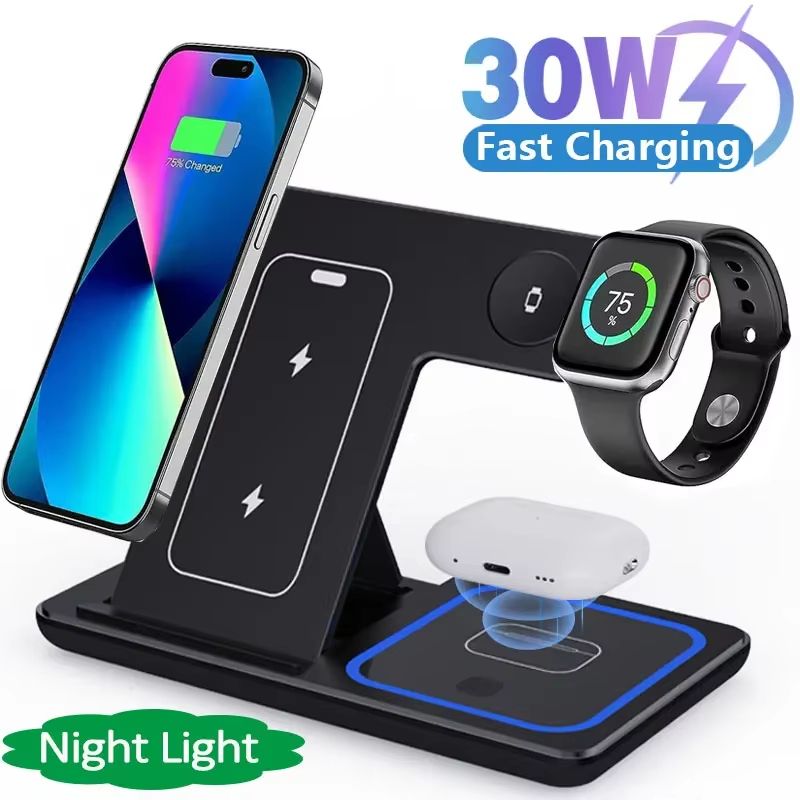 30W Foldable 3 in 1 LED Fast Wireless Charging Stand For IPhone Watch And AirPods white