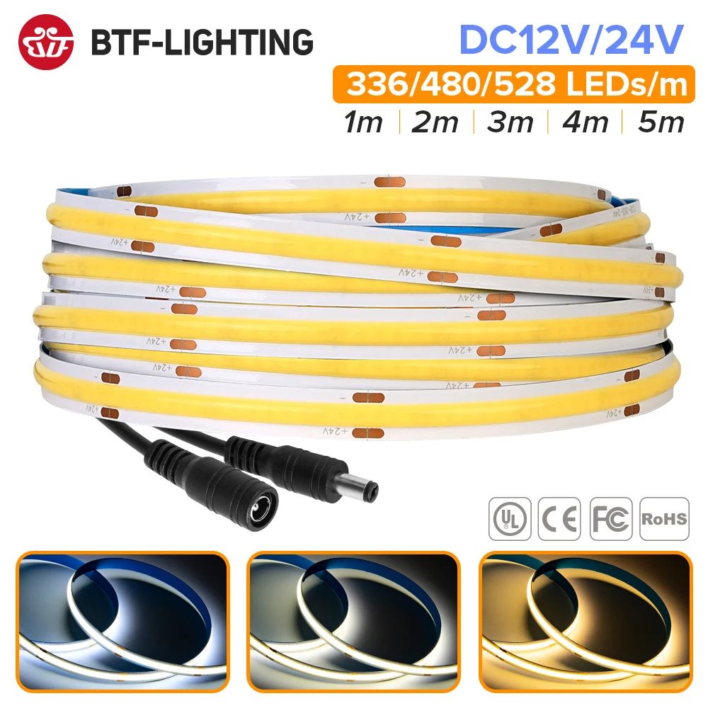 FCOB High Density COB LED Strip Light (RA90), 12V 24V Linear Dimmable Warm Natural Cool White 6000k Cool White 12v 528 Leds 0.5m