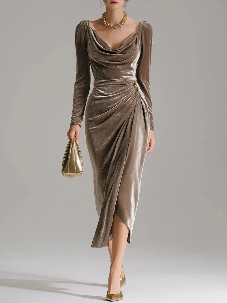 Casual Gold Velvet Sexy Bodycon Dress, European And American Womens Long Sleeve Slim Pleated Split Style purple m