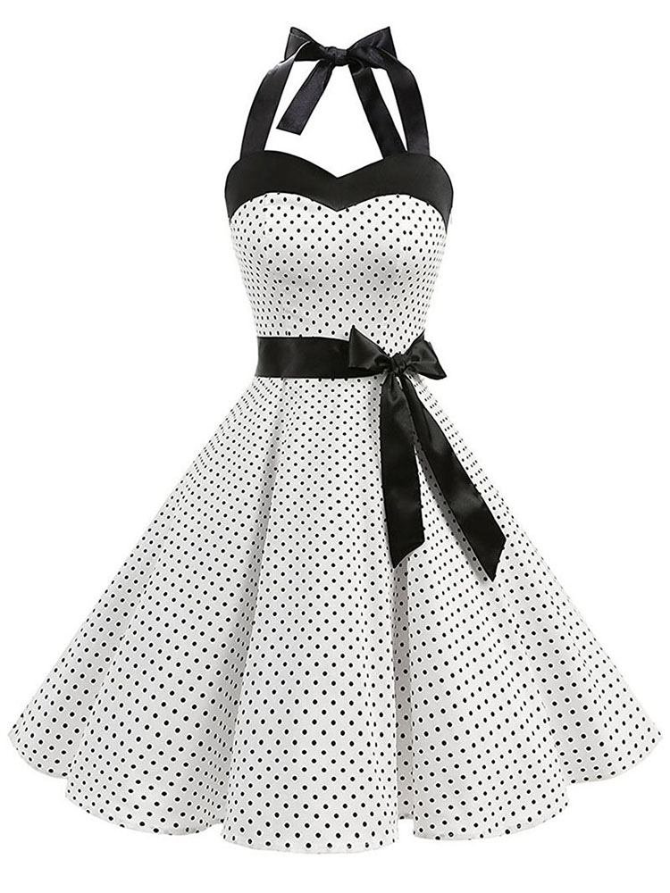 Women Polka Dot Print Summer Dress, Sexy Retro White Halter Vintage Robe Femme Pin Up Rockabilly Party Dress red s