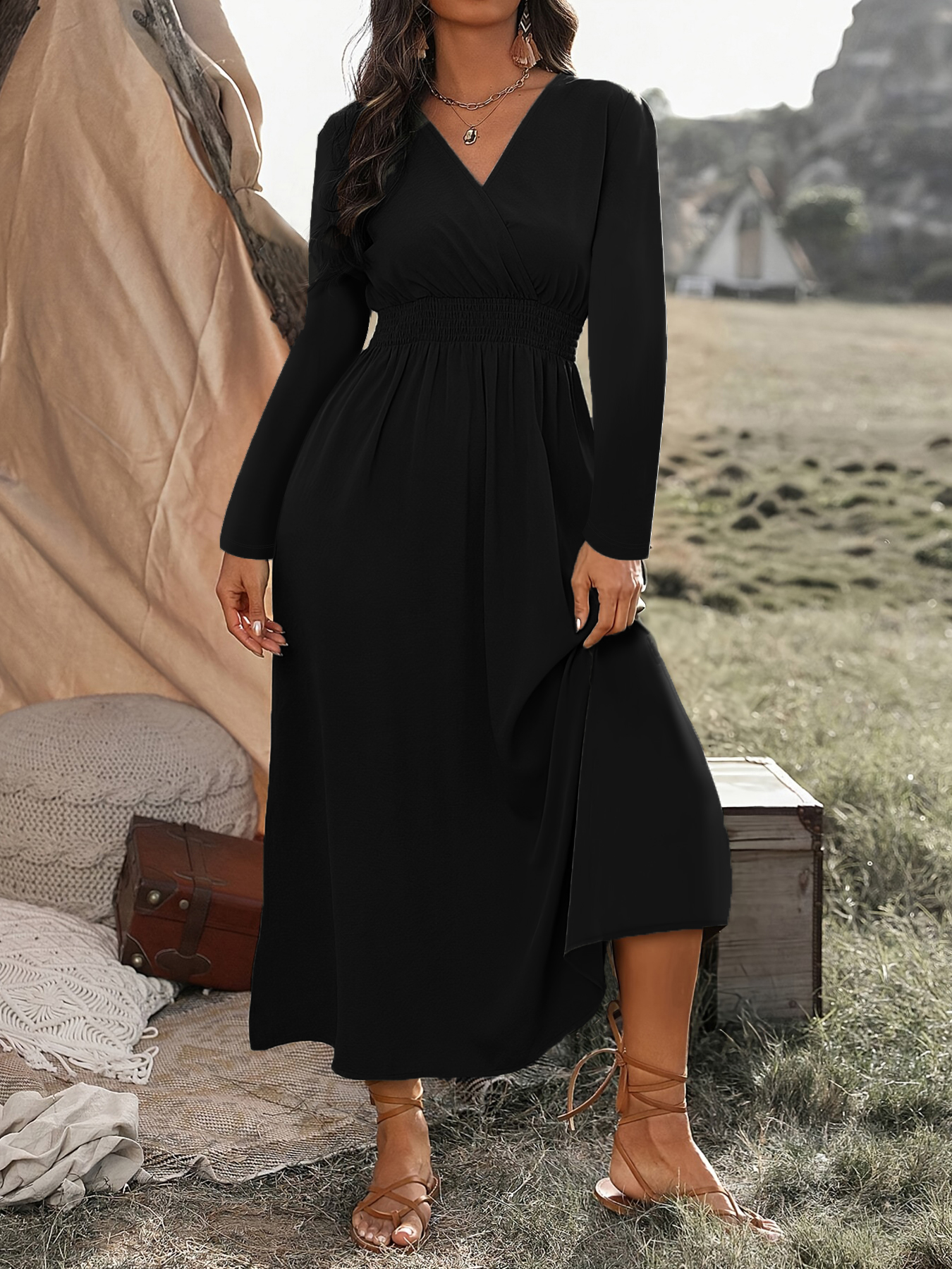 Fashion V Neck Plus Size Tunic Long Sleeve Dress For Autumn black 5xl