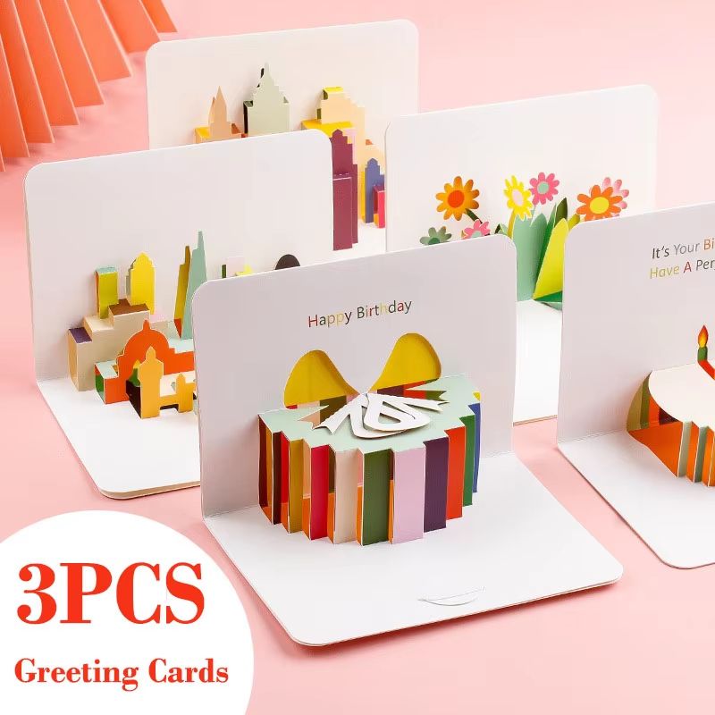 3D Pop Up Birthday & Celebration Greeting Cards With Envelopes pastel World Landmarks 3pcs