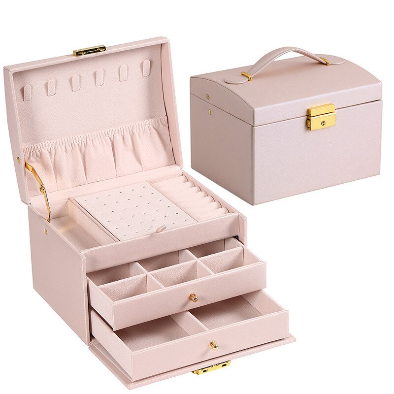 Three Layer Leather Drawer Jewelry Box Multi Functional Earrings Lock Organizer For Jewelry pink