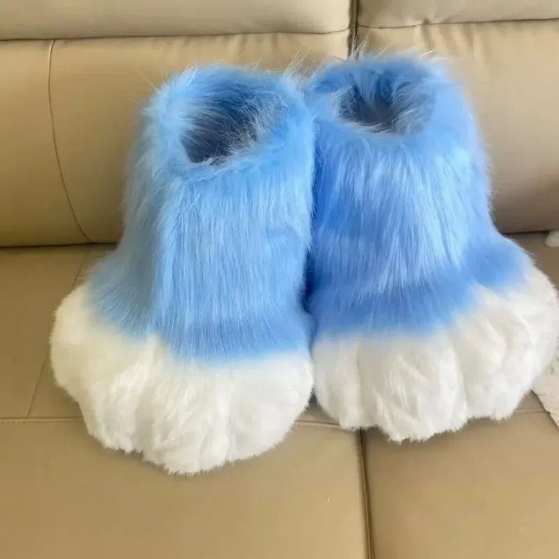Fluffy Kig Fursuit Cosplay Paw Shoes black White 3.5