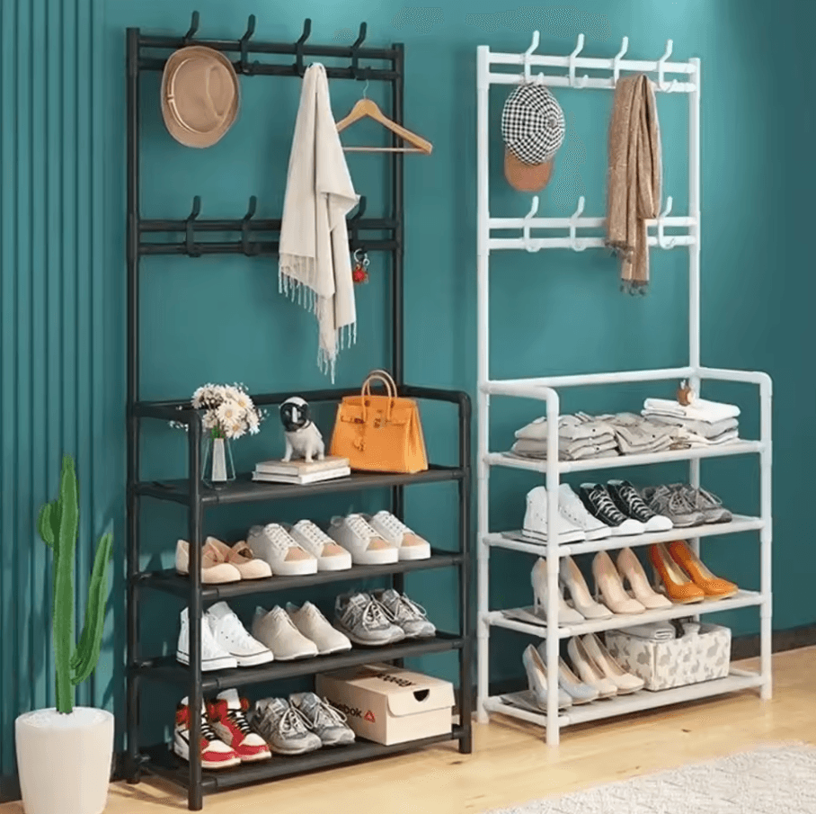 Multi Layer Clothes & Shoe Rack | Floor Standing Organizer With DIY Doorway Hanger Shelf 2pc 4 L white