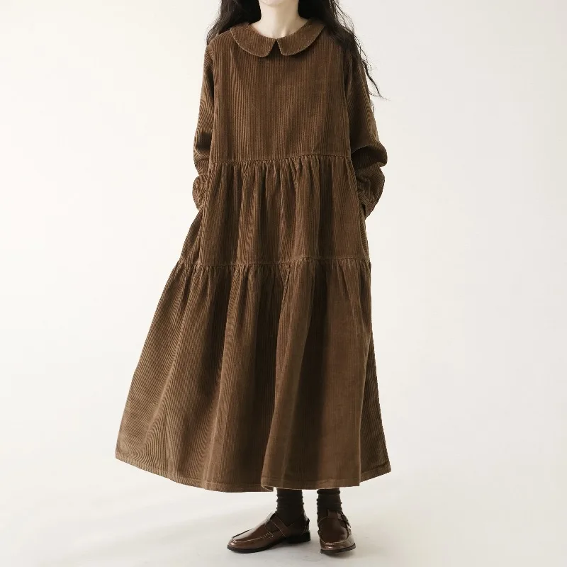 Casual Dresses Fashion Female Vestidos, Long Sleeve A line Autumn Winter Corduroy Dress l coffee