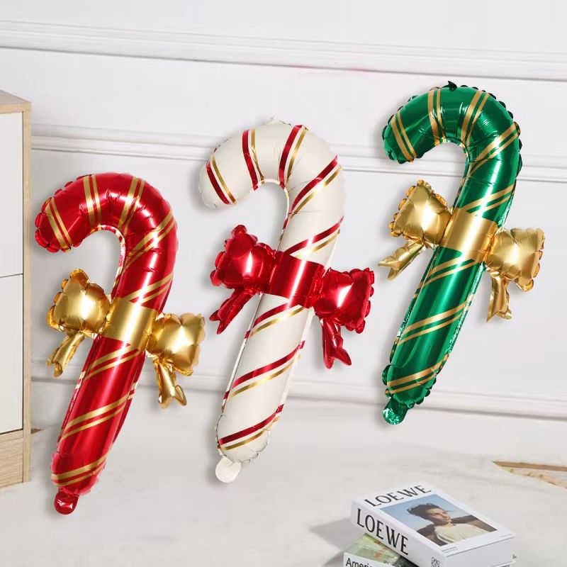 Set Of 2 Red, Green & White Christmas Bow Cane Balloons For Holiday Decor red