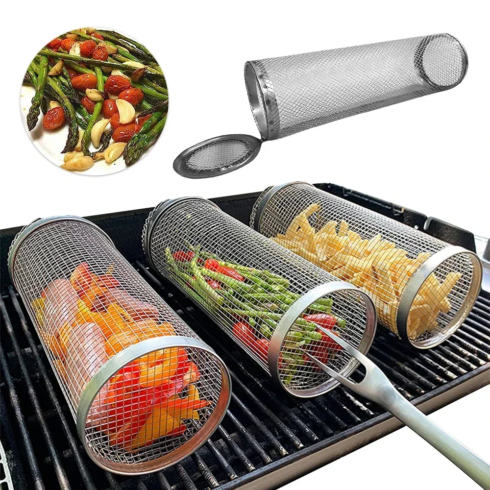 High Quality Circular Stainless Steel Rolling BBQ Basket, Sturdy Wire Mesh Cylinder, Ideal For Outdoor Camping Barbecuin s