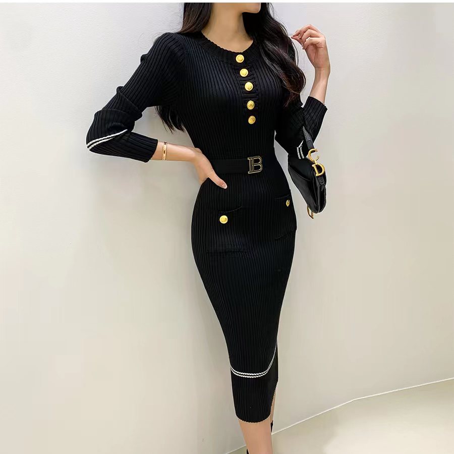 Slim Feeling Autumn Winter French Style Celebrity Temperament Dress With Round Collar And Wrap Hip Design one Size black