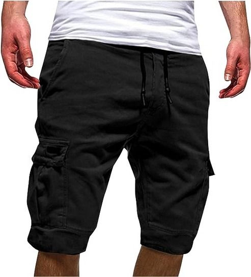 Men Chino Cargo Shorts, Drawstring Waist, Elastic Waistband, Comfortable Summer Trousers For Work & navy Blue 32" 34"