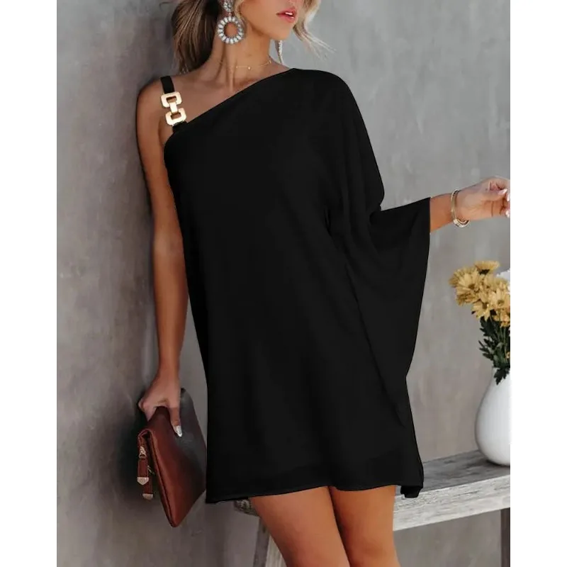 Summer Commuter Women's Dress, One Line Diagonal Neck Off Shoulder, Solid Color, Printed Metal Strap Bat Sleeve black xxl