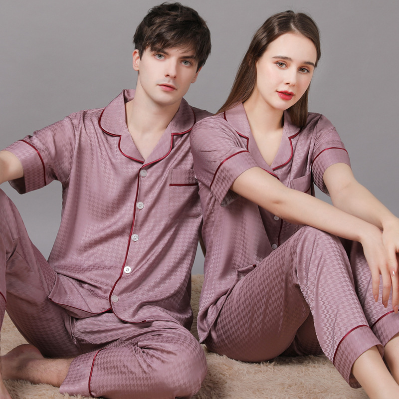 Summer Short Sleeve Couple Pajamas Suit Men Ice Silk Satin Long Pant Sleepwear High Quality Couples Set blue men L 60 70kg