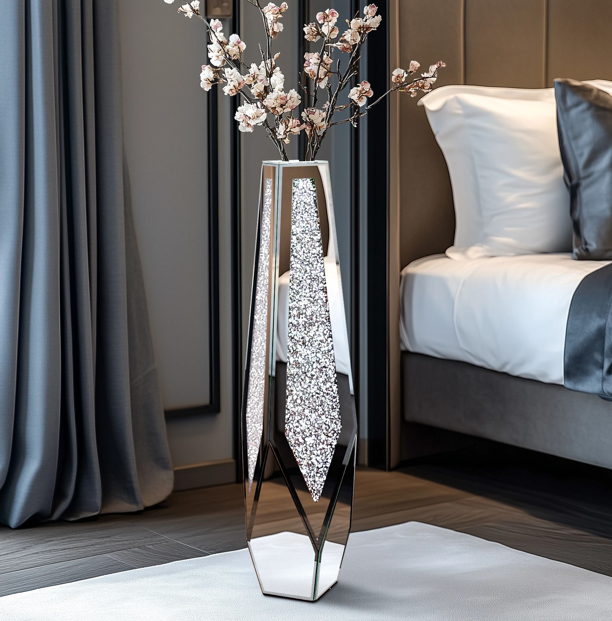 Modern Crushed Diamond Tall Floor Mirror Vase tabletop Accent