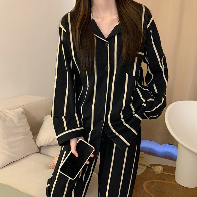 Light Luxury Ice Silk Pajamas, Womens Pajama Set, Black Vertical Stripes, Long Sleeve, Spring Autumn Nightwear Set black l