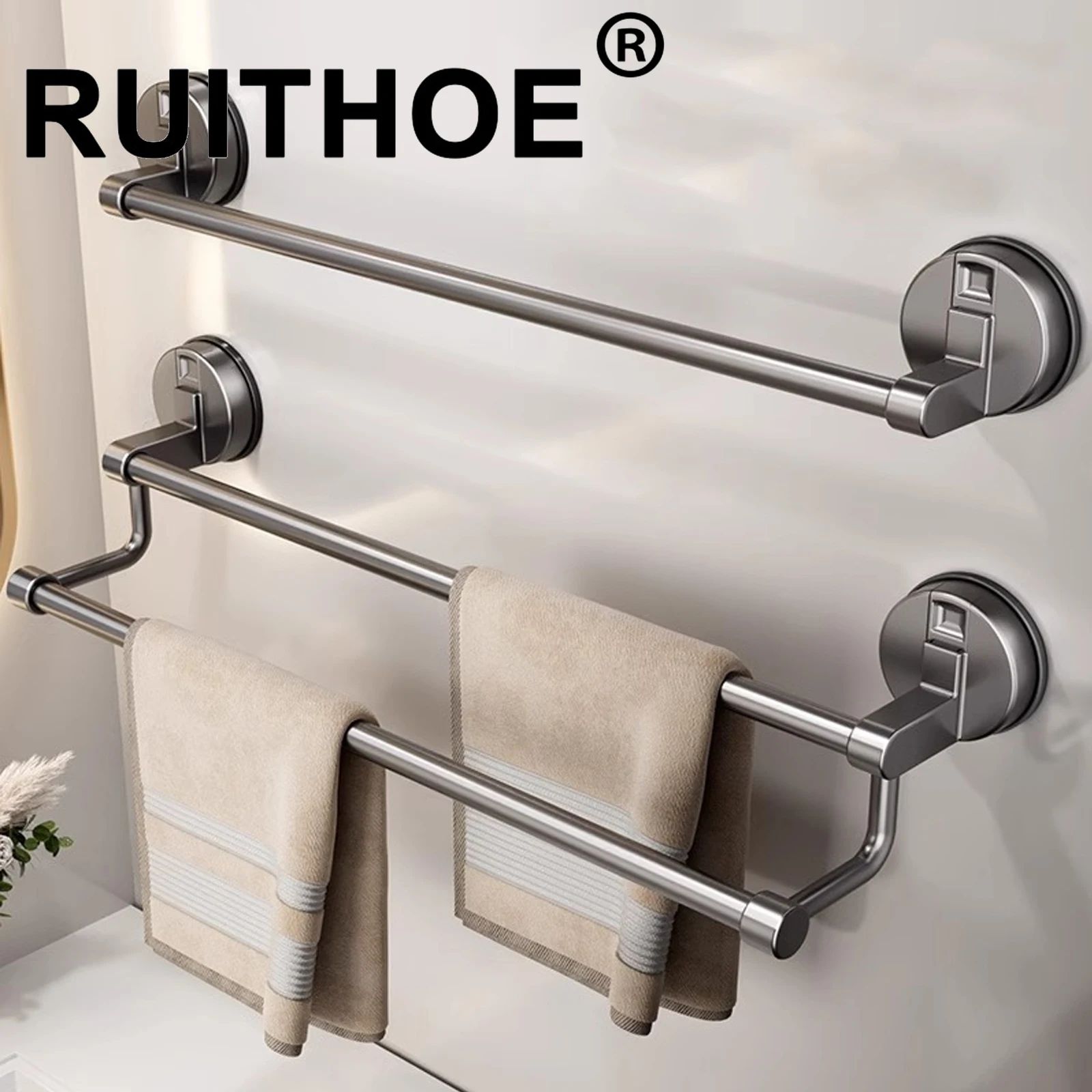Suction Cup Double Bar Bathroom Towel Rack white 2 Bar 50cm