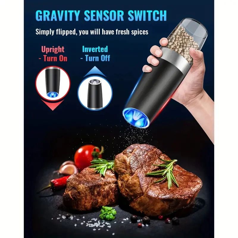 Gravity Electric Salt & Pepper Grinder Set Auto Tilt Mill Battery Powered Adjustable Coarseness Large Capacity 2 Pcs