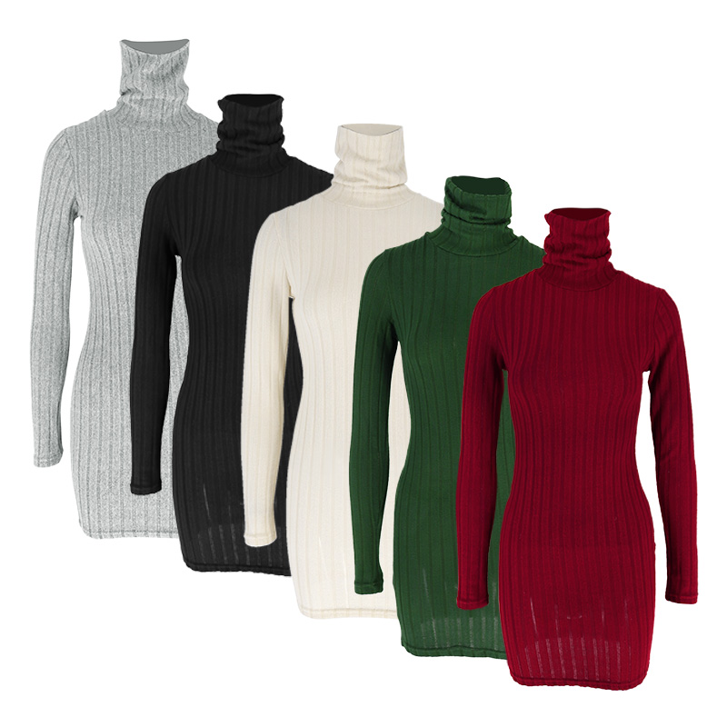 Bodycon Sheath Mini Dress For Women, Autumn Winter Knitted Dress, Long Sleeves Turtleneck Party Look green l