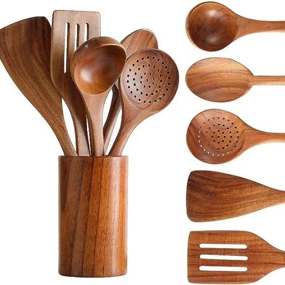 6PCS Wood Kitchenware Cooking Spatula And Spoon Set With Storage Bucket 6PCS Wood Kitchenware Cooking Spatula And Spoon Set With Storage Bucket