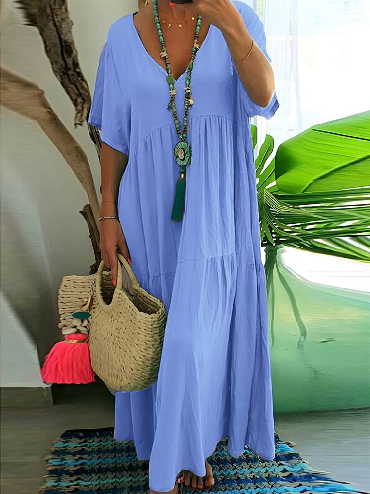 Women's Dress Plus Size Casual Loose V Neck Solid Long Pleated Spring Summer Dress blue 5xl