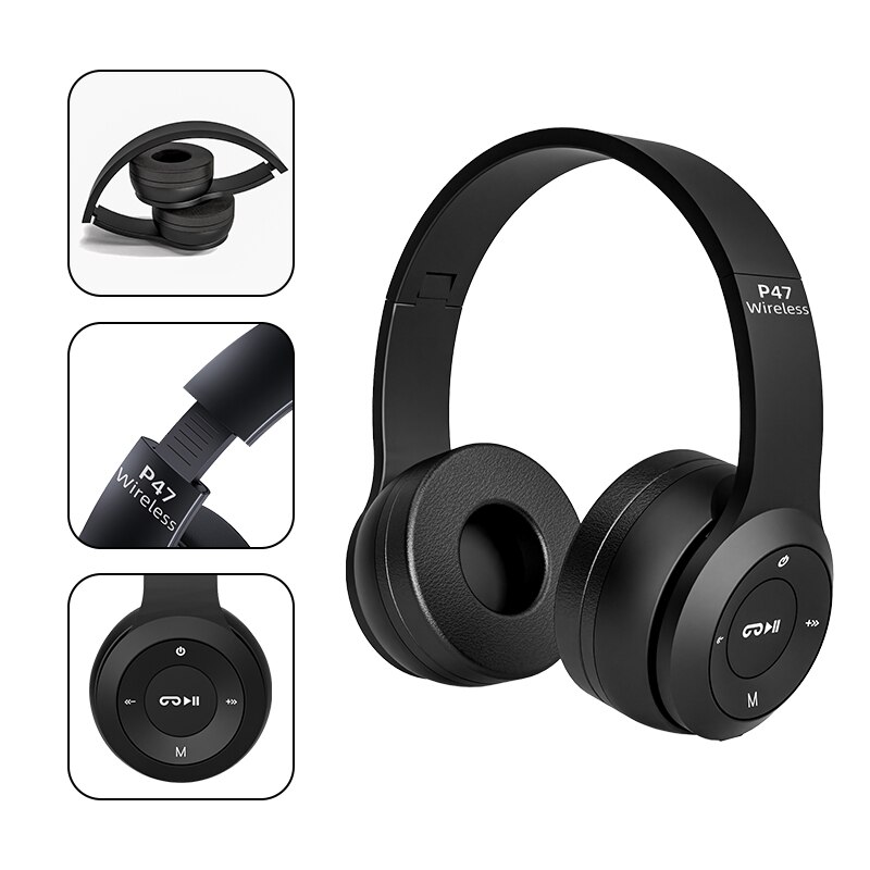 P47 Wireless Headphones, Bluetooth 5.0 Earphones, Foldable HIFI Stereo Bass, For Music Gaming, Kid Girl Earphone black