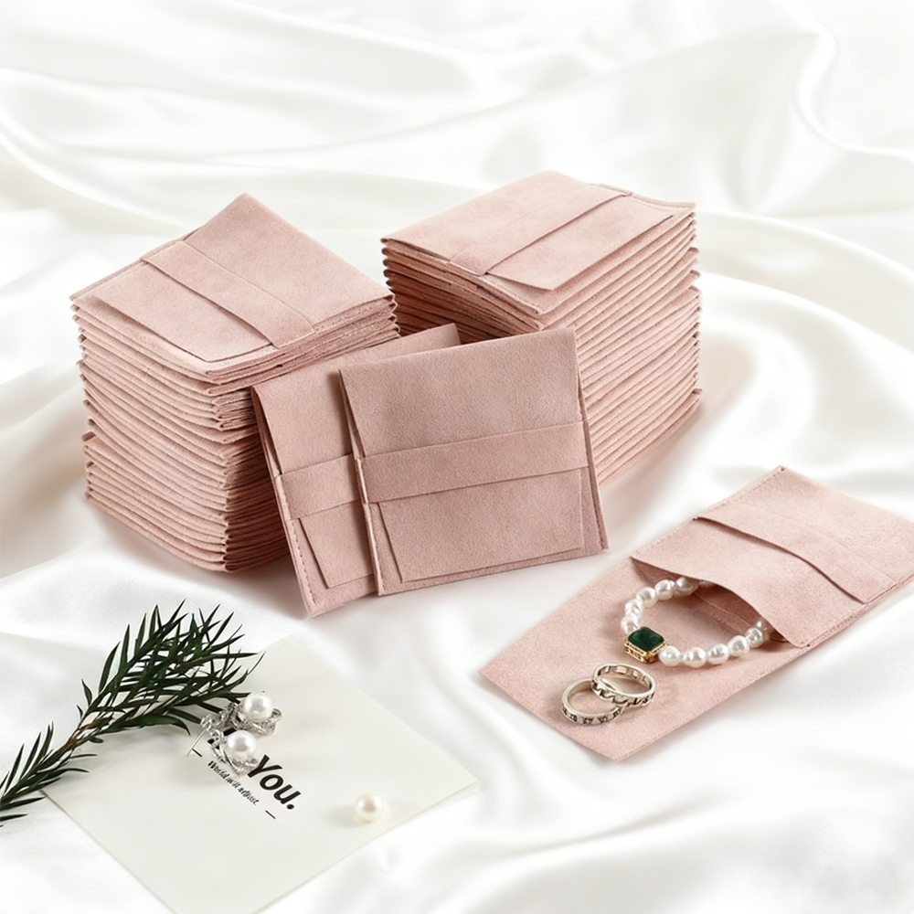 Jewelry Storage Pouch Velvet Microfiber Suede Envelope Flap Strip Pouch For Rings Earrings beige 8x8cm