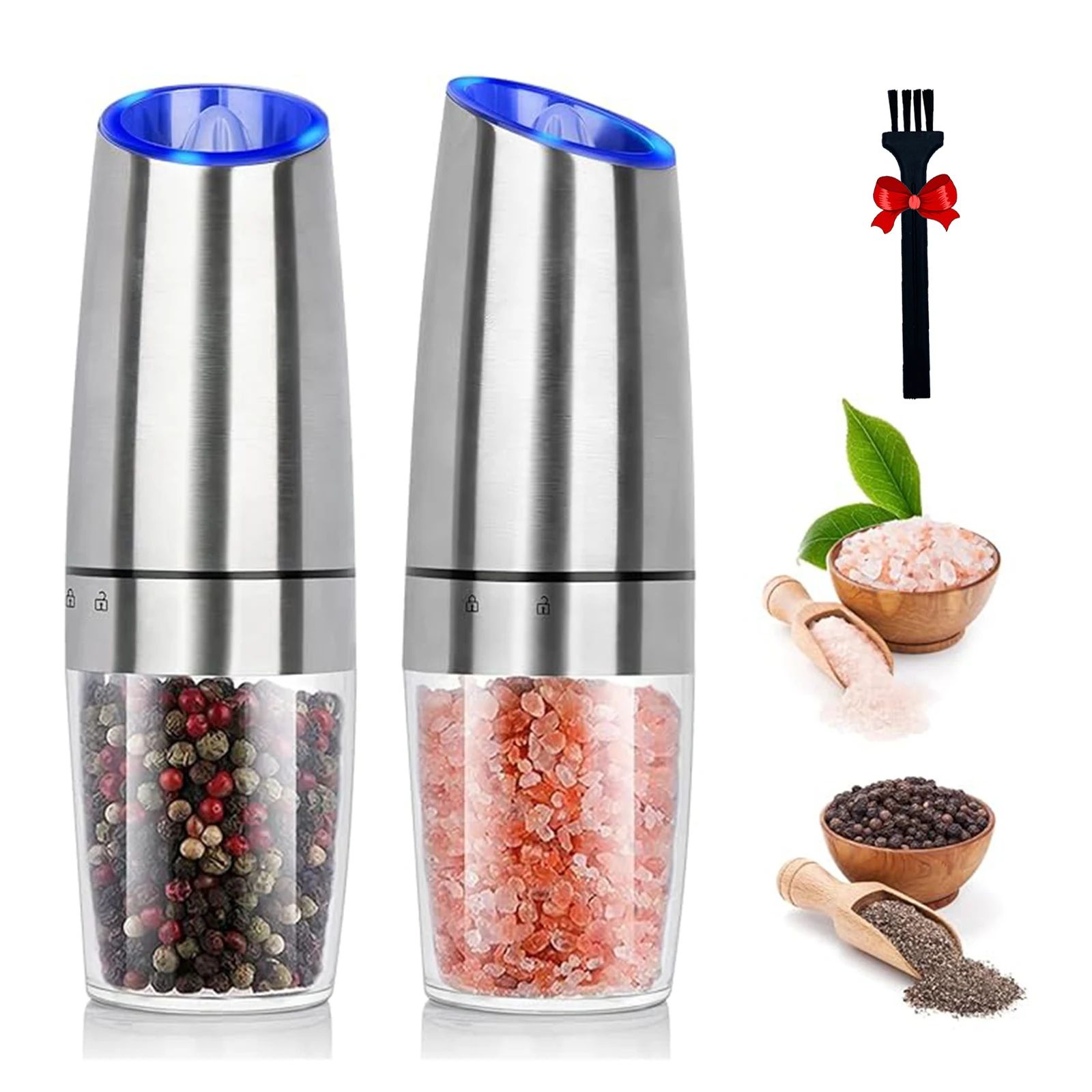 Gravity Electric Salt & Pepper Grinder Set With LED Light One Hand Automatic Adjustable Coarseness Spice Mill 2 Pcs