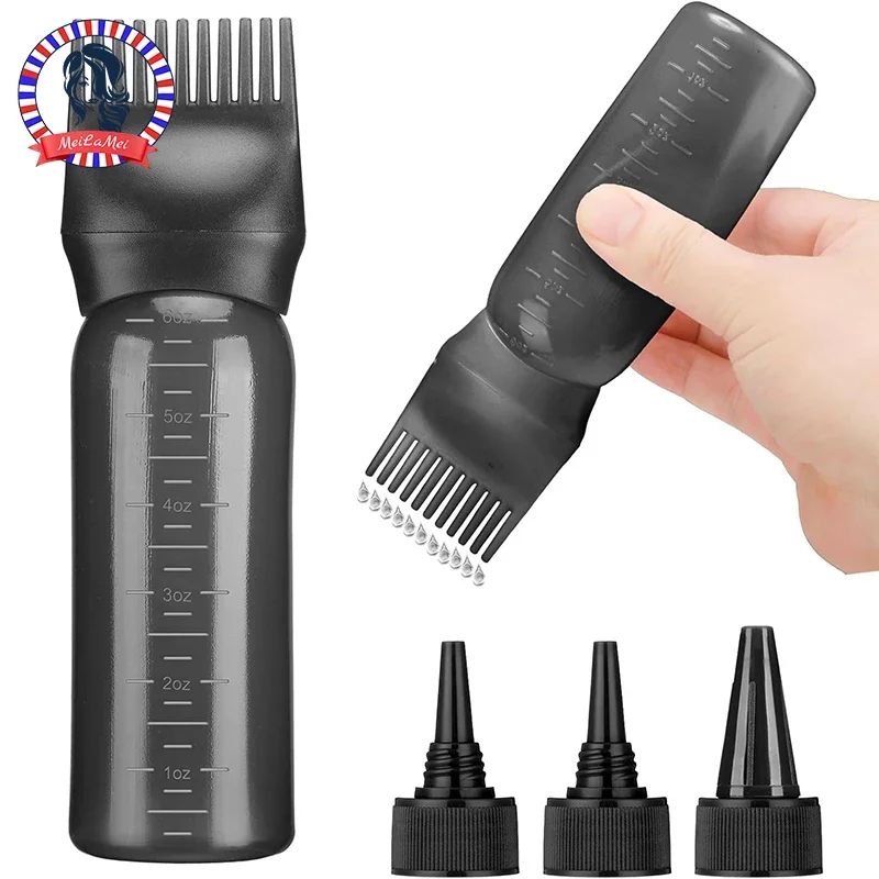 6oz Hair Oil & Dye Applicator Bottle Set With Root Comb Tip + 3 Pointed Nozzle Caps Scalp & Roots Precision Tool white