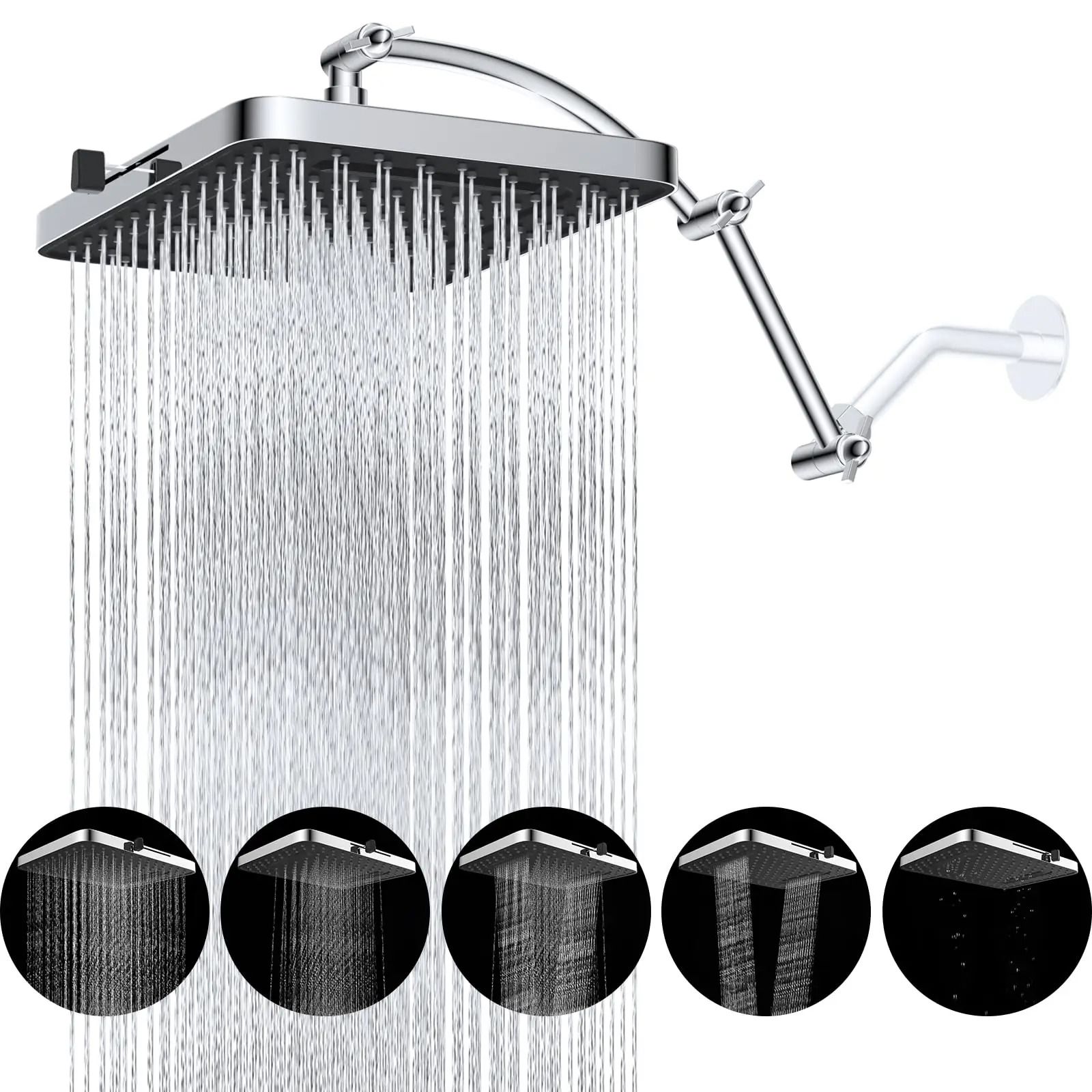 13 In High Pressure Rainfall Shower Head With Extension Arm glossy Black