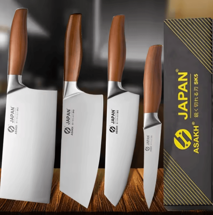 Professional Japanese Kitchen Knives Set With Chef, Santoku, Fillet, And Cleaver ab