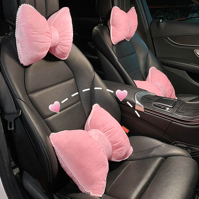 Soft Plush Car Headrest, Comfortable Lumbar Support Cartoon Bowknot Pillow For Car Interior And Winter Decoration a