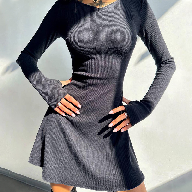 Black Sexy V Neck Mini Dress, Autumn Winter Elegant Women Dresses, Long Sleeve Slim Solid Color Dress black l