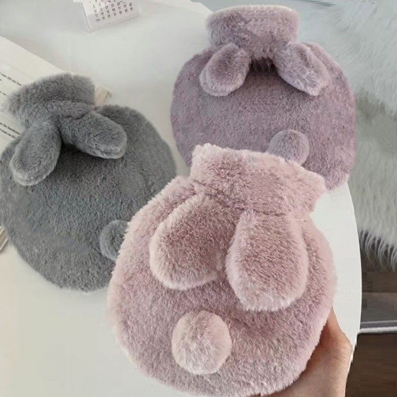 Cute Plush Rabbit Hand Feet Warmer With Cover For Winter, Reusable Explosion Proof Hot Water Jug Bottle light Grey