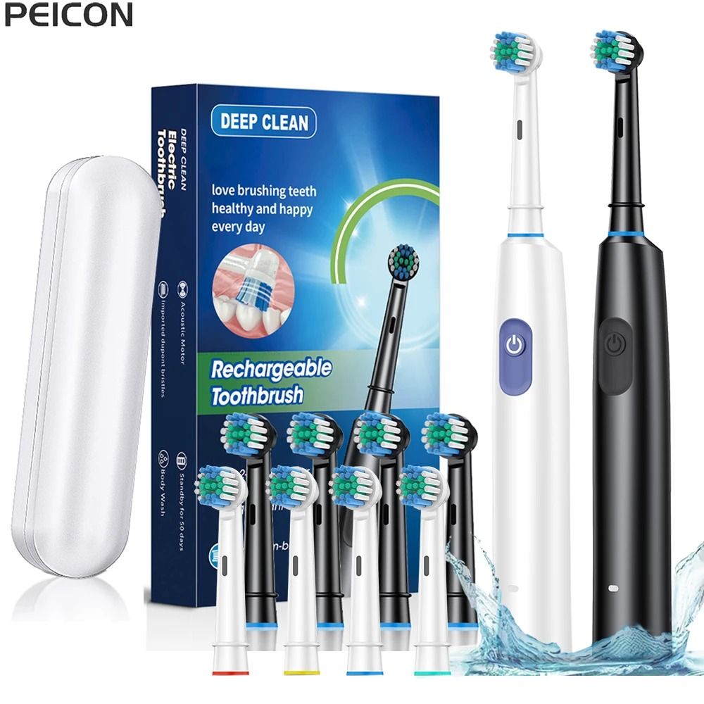 Electric Rotary Rechargeable Toothbrush For Adults black 8 Heads Box